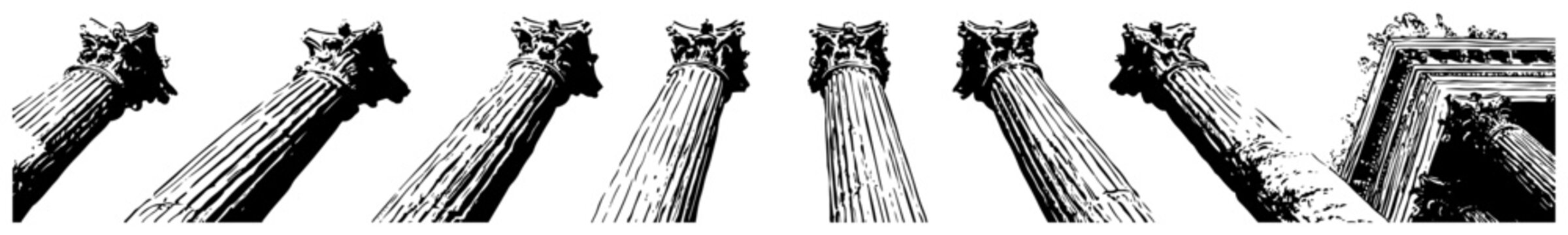 Dramatic perspective of a row of ancient Greek columns and architectural pediment in stipple vector style