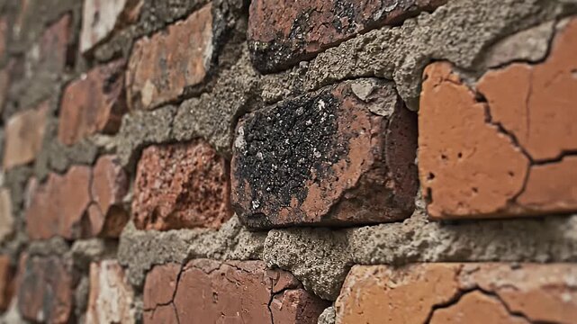 Close-up view of a weathered brick wall with rough texture and details.