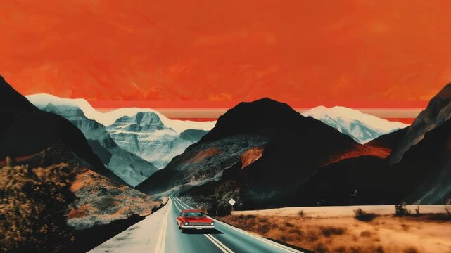 Surreal video concept with a low-angle view of a car on a winding road, surrounded by dramatic mountains under an intense orange sky. Live desktop wallpaper.