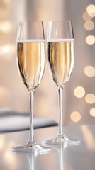 Two elegant champagne glasses brim with effervescent golden bubbles on a sleek silver backdrop. The luxurious setting emphasizes the celebratory nature of this sparkling beverage.