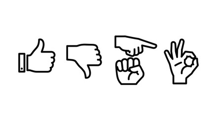 Obraz premium Collection of minimalist line icons depicting common hand gestures such as thumbs up, thumbs down, pointing, and OK sign, on an isolated white background.