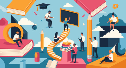 A calm scene of a man reading on an oversized book, perfect for education or learning content. © Hadijah