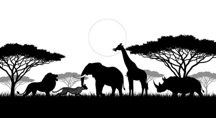 Majestic African savanna wildlife silhouette featuring a lion, elephant, giraffe, rhino, and cheetah under acacia trees with a large sun on a white background. © Slamet