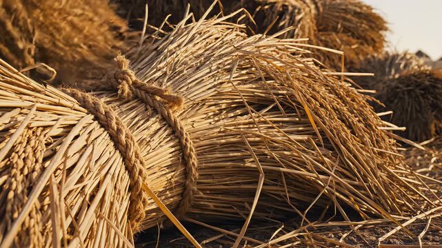 Golden Wheat Bundles Tied With Rope In Warm Sunlight At Harvest Time