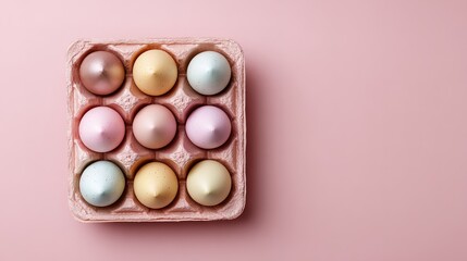 Obraz premium Colorful eggs placed in a carton with a pink background during a holiday celebration in spring