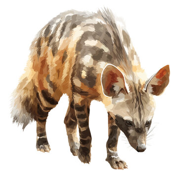 Isometric watercolor rendering of Aardwolf, isolated on a clean white background.