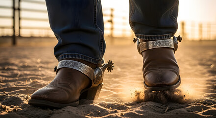 Cowboy boots kicking up dust in ranch at golden hour  