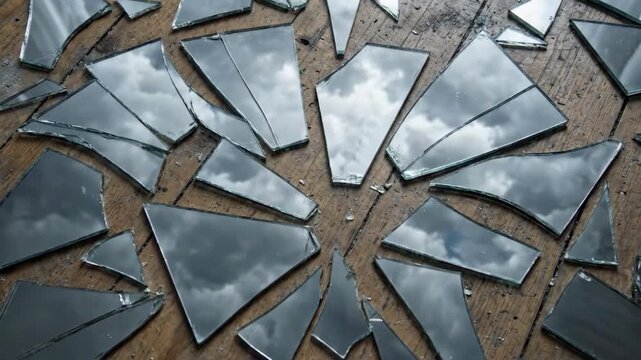 Dramatic top down shot of shattered glass reflecting a cloudy sky