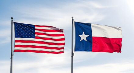 American and Texas flags waving against a blue sky background  