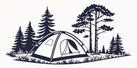 A serene campsite nestled in a forest with a tent and tall pine trees © Mamun