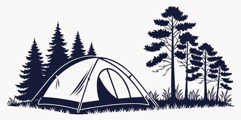 A serene campsite nestled among tall pine trees with a tent set up. © Mamun