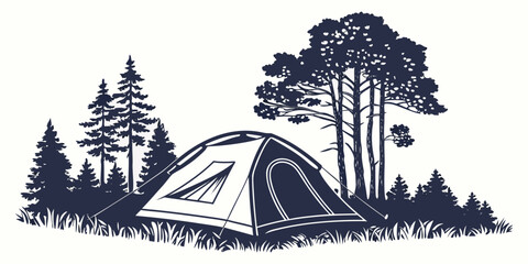 A serene campsite nestled in a lush forest with a tent and towering trees. © Mamun