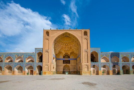 Jame Mosque of Yazd in Iran. The mosque is crowned by a pair of minarets, the highest in Iran.