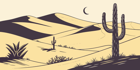 A serene desert landscape under the moonlight with cacti and sand dunes © Mamun