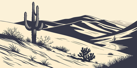 A lone cactus stands tall in a vast, undulating desert landscape under a clear sky. © Mamun