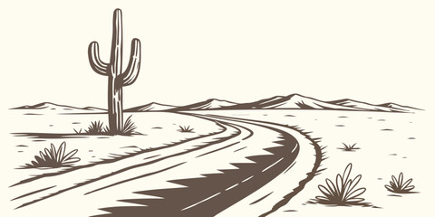 A solitary cactus stands tall in a vast desert landscape with winding roads. © Mamun