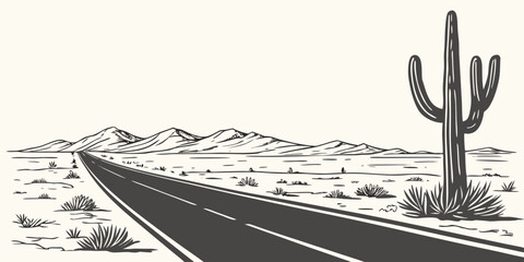 A solitary cactus stands tall beside a winding road in a desert landscape. © Mamun