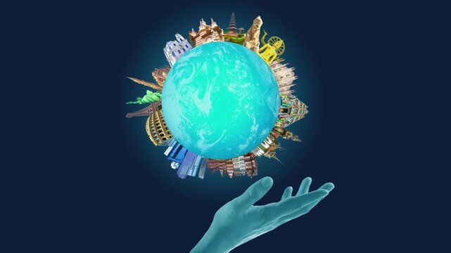 2D animation of world religious and architecture monuments - collage or globe from different religions from Bali, Thailand, Cambodia at Asia and Europe. Travel and tourism with famous world landmarks.
