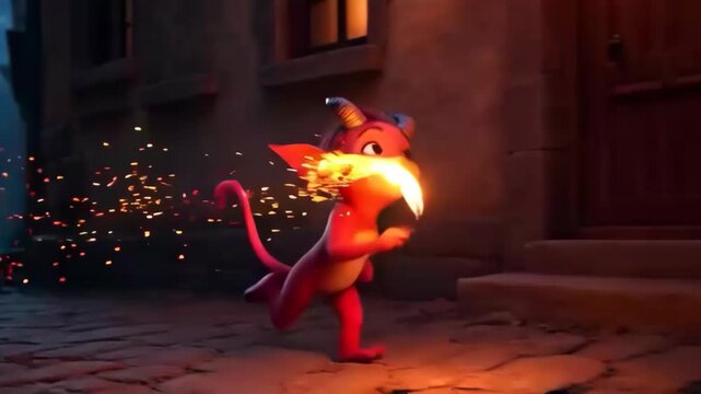 Small red imp creature running with glowing orb warm alley night cute baby demon holding flame