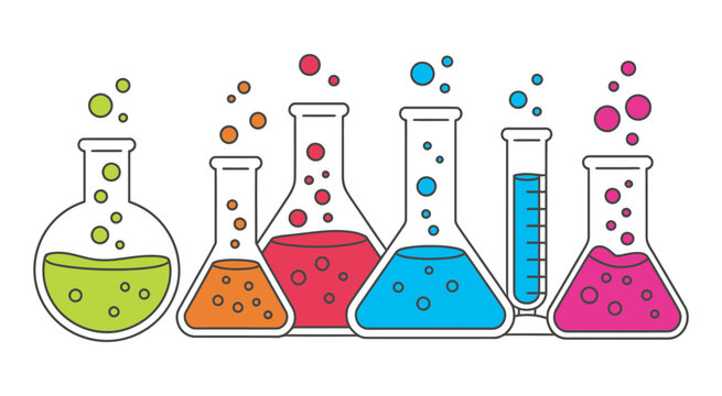 Laboratory flasks set, colorful beakers and flasks with bubbling liquids, chemistry and science research concept, educational vector illustration