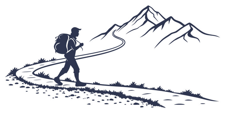 A lone hiker ascends a winding mountain trail with a backpack.