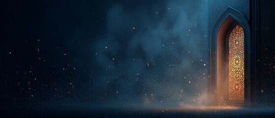 ornate arched door glowing in dark blue haze with sparkling particles