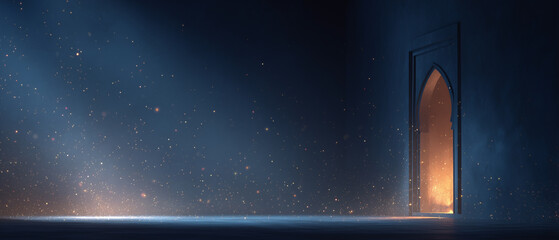 glowing arched doorway in blue night with sparkling dust mystical background