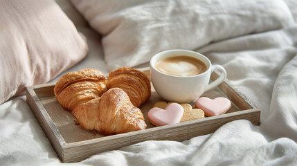 breakfast in bed tray with croissants coffee and heart cookies cozy morning