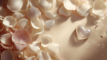 rose petals border with small heart on beige background romantic copy space