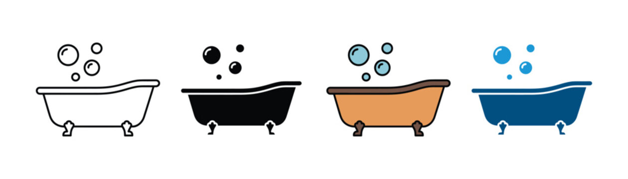 Luxury bathtub and home spa relaxation icon vector. Clawfoot tub with soap bubbles and bathroom hygiene symbol set. Vector illustration