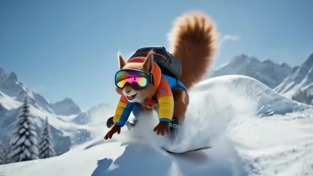 Snowboard squirrel shredding powder with goggles and joyful winter energy skiing squirrel