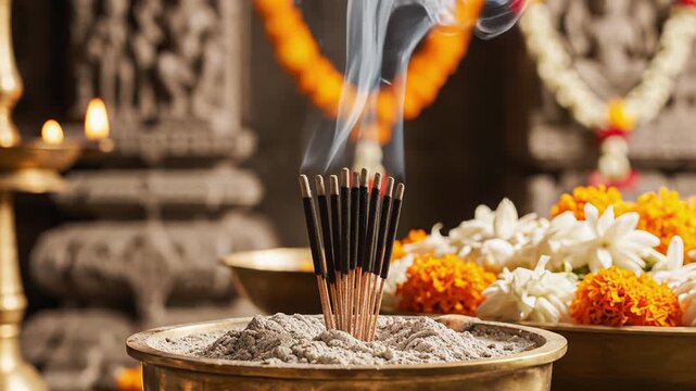 Sacred Incense Sticks Burning with White and Orange Flowers in Temple Altar Offering Smoke Wisps in Soft Warm Light Temple Stone Carvings and Garlands in Background