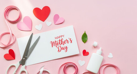 Crafting Accessories for Mother's Day Gift on Pink Surface.