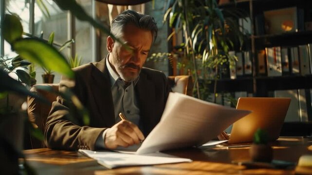A man in a suit concentrates on signing documents surrounded by greenery, embodying professionalism and harmony with nature. The image will emphasise the theme of eco-friendly business or office cultu