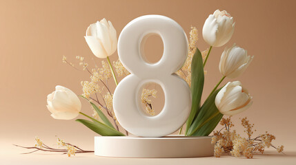 Number 8 with white tulips and dried flowers on warm beige background womens day spring greeting