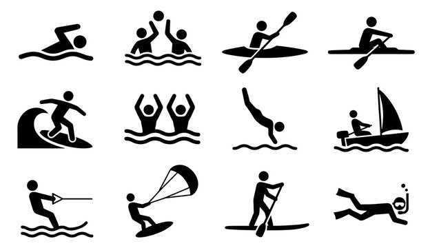 collection of black silhouette pictograms representing various aquatic activities including surfing swimming sailing rowing diving and competitive water sports icons