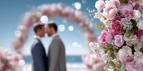 Wedding couple silhouette with floral arch and bouquet peonies roses and hydrangea by seaside bokeh