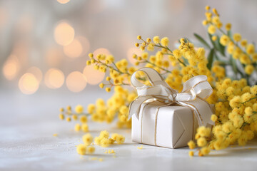 Gift box with satin ribbon and yellow mimosa flowers soft bokeh background spring present concept