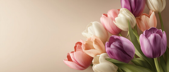Colorful tulips bouquet on beige background spring floral banner with copy space
