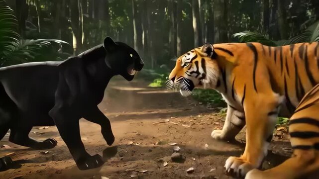 Black panther and tiger fighting jungle dramatic wildlife confrontation Royal Bengal tiger