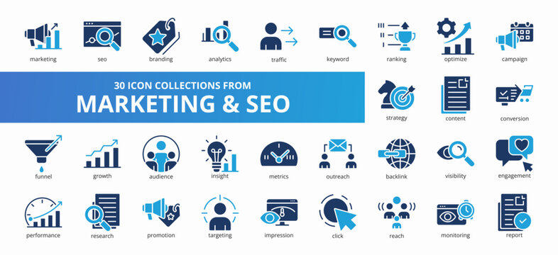 Set of 30 collection of marketing and seo icons suitable for web and mobile application. Set of glyph blue style icons with marketing, seo, branding, analytics, traffic, and more icons.