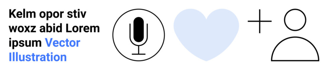 Social media, user engagement, communication, audio messaging, connectivity, healthcare. Microphone, heart and user outline icons on a white background. Social media and user engagement concept
