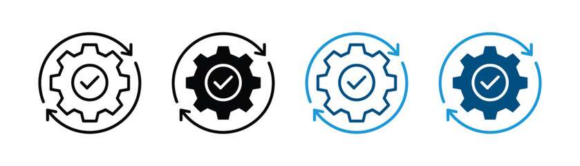 Automated process optimization and system update icon vector. Gear cog with check mark and circular sync arrows symbol set. Vector illustration © Jakiya Graphics