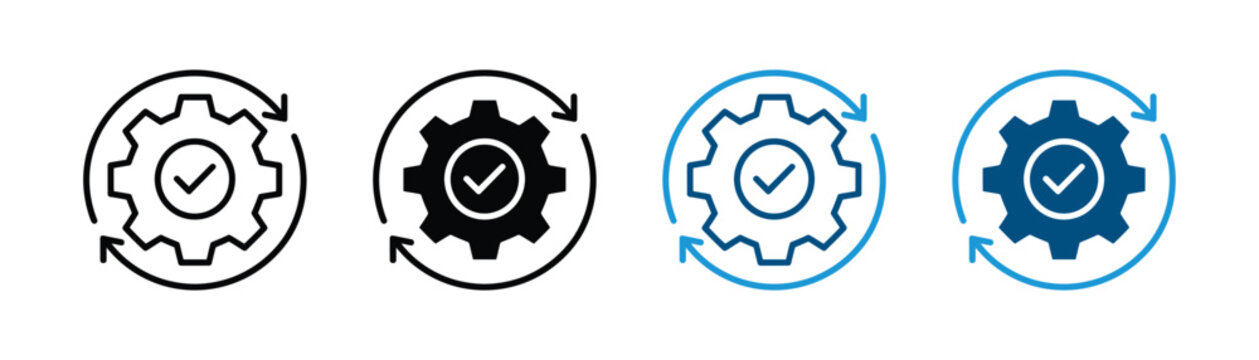 Automated process optimization and system update icon vector. Gear cog with check mark and circular sync arrows symbol set. Vector illustration