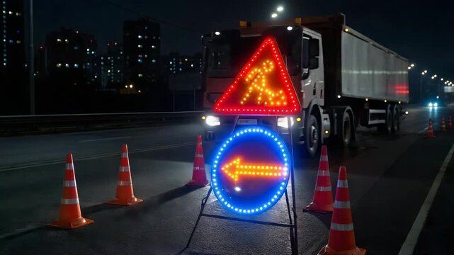 Truck navigates through roadwork zone at night with warning signs