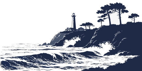 A lighthouse stands tall on a rocky cliff overlooking the vast, turbulent ocean. © Mamun