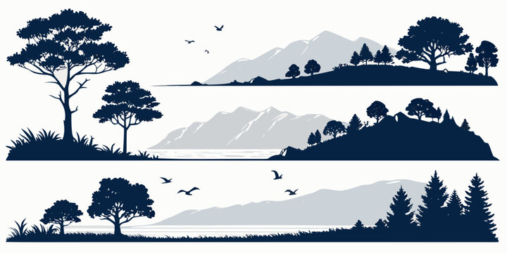 Serene landscape with trees and mountains in the distance.