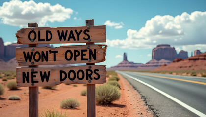 Old Ways Won&rsquo;t Open New Doors sign on a desert road, symbolizing change, personal growth, and the courage to embrace new paths and opportunities