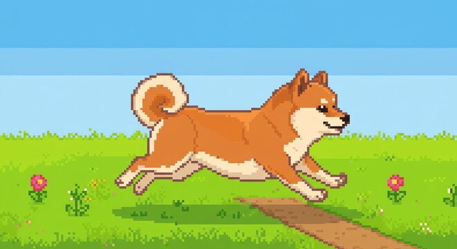 Shiba Inu dog running on path in pixel art style