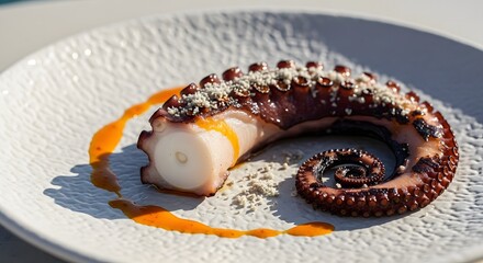 Naklejka premium Gourmet Grilled Octopus Tentacle with Romesco Sauce and Dukkah Topping on a Textured White Plate